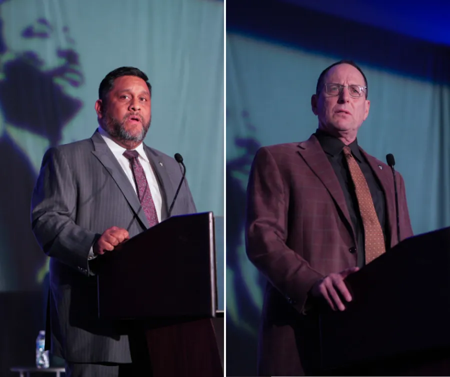 Pictures of Leonard Aguilar and Rick Levy giving their remarks at the 2025 AFL-CIO Dr. Martin Luther King, Jr. Civil and Human Rights Conference in Austin, Texas.